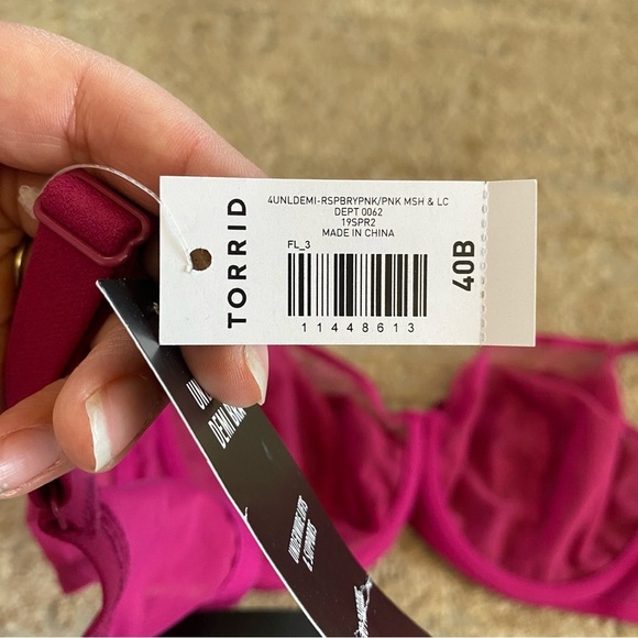 NWT Torrid Underwired Bra Unlined Demi Raspberry Pink Mesh Semi Sheer Bra: 40B - Picture 10 of 10